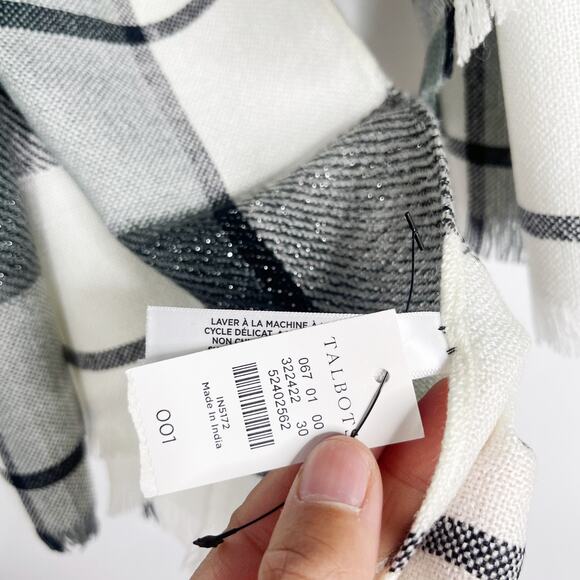 New Talbots Cream Gray Black Windowpane Plaid Scarf Shimmer Wool Blend Fringe - Picture 7 of 10